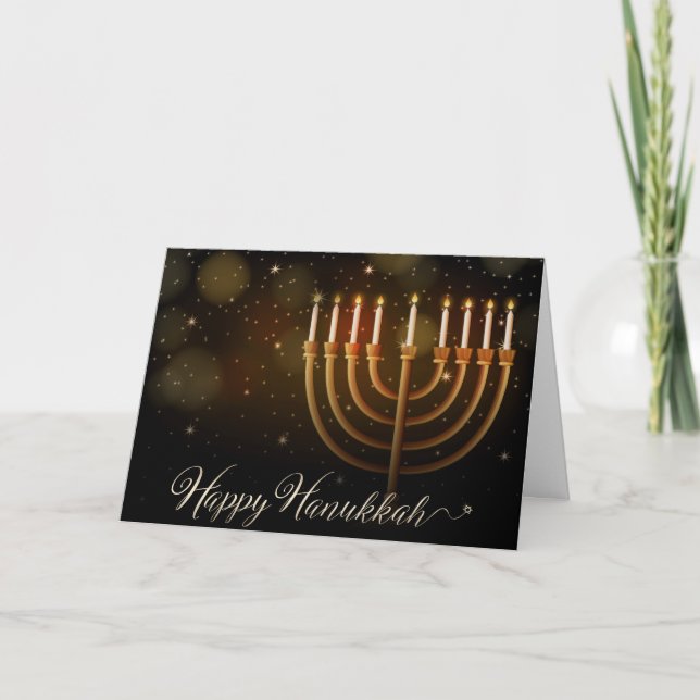 Hanukkah Gold Menorah Sparkles Holiday Card (Front)