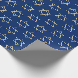 Hanukkah Gold Star of David on Blue Pattern Wrapping Paper