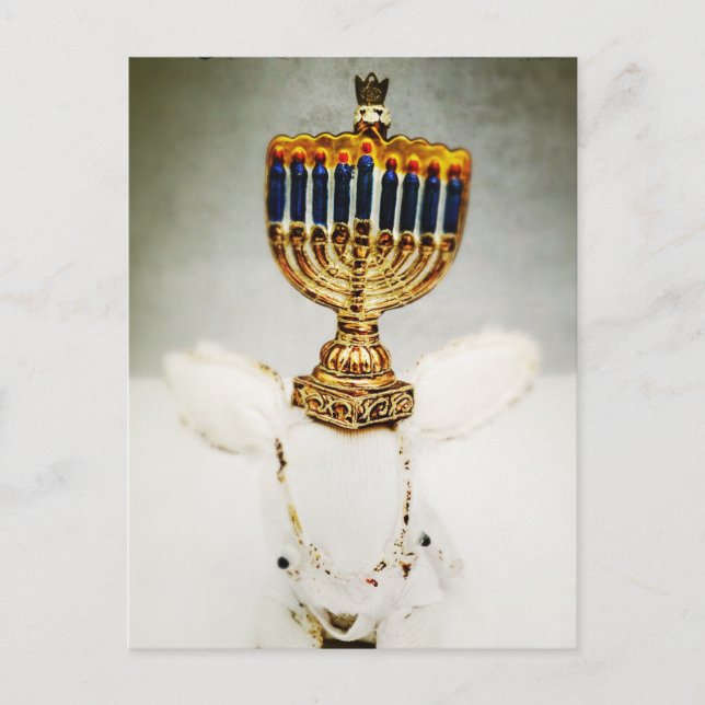 Hanukkah Greeting Card - Aldo a Rabbit and Menorah (Front)