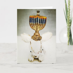 Hanukkah Greeting Card - Aldo a Rabbit and Menorah