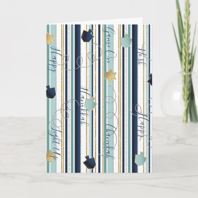 Hanukkah Greeting Card Dreidels n Stripes (Front)