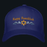 Hanukkah Greeting Embroidered Hat<br><div class="desc">Hanukkah design features a gold Star of David with  blue swirls. Text above says Happy Hanukkah,  but is optional and can be customised by you or deleted.</div>