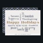 Hanukkah Greetings Holiday Blue Gold<br><div class="desc">Collage of holiday greetings,  Happy Holidays,  Hanukkah,  New Year,  Goodwill,  Laughter,  Happiness,  Namaste,  Joy,  Peace,  Love,  Thanksgiving,  Family,  & Giving. Customise with your name and year.</div>