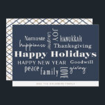 Hanukkah Greetings Holiday Navy Gold<br><div class="desc">Collage of holiday greetings,  Happy Holidays,  Hanukkah,  New Year,  Goodwill,  Laughter,  Happiness,  Namaste,  Joy,  Peace,  Love,  Thanksgiving,  Family,  & Giving. Customise with your name and year.</div>