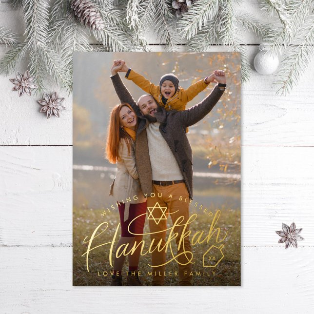 Hanukkah Hand Lettering Photo Jewish Foil Holiday Postcard (Creator Uploaded)