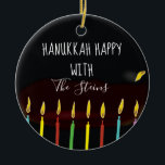 Hanukkah Happy Colourful Menorah Candles Ceramic Tree Decoration<br><div class="desc">Hanukkah "Hanukkah Happy Colourful Menorah Candles" Circle Ornament. (2 sided) Personalise by deleting text on front and back of the ornament. Then using your favourite font colour, size, and style, type in your own words. Thanks for stopping and shopping by. Much appreciated! Happy Chanukah/Hanukkah! Bring a lot more holiday cheer...</div>