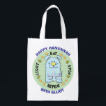 Hanukkah Happy Dog, Light, Eat, Spin Reusable Grocery Bag<br><div class="desc">Hanukkah Happy Dog, Light, Eat, Spin, white 2-sided bag. All design elements can be edited. All editable text can be deleted and replaced with your own message. Use your favourite font colour, size, and style. Happy Hanukkah/Chanukah! Style: Reusable Bag Go green and save the planet with our reusable grocery bag!...</div>