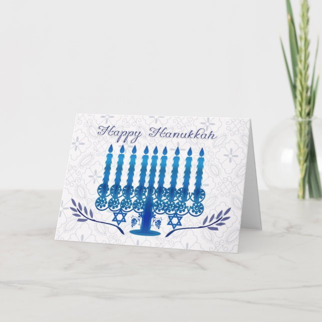 hanukkah holiday card with menorah in blue and whi (Front)