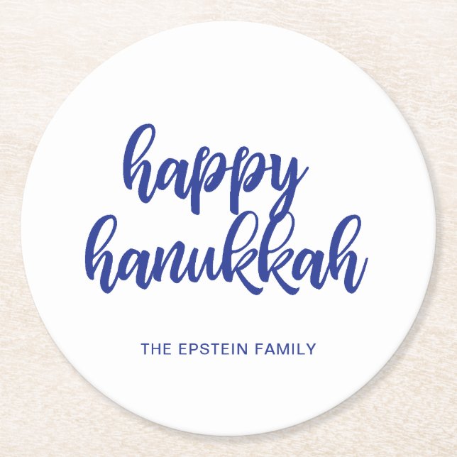 Hanukkah Holiday Modern Blue and White Round Paper Coaster (Front)