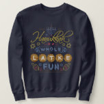 Hanukkah is a Whole Latke Fun Funny Ugly Holiday Sweatshirt<br><div class="desc">This Ugly Hanukkah Sweater (or t-shirt) features the humourous phrase,  "Hanukkah is a whole latke fun." The design includes drawings of dreidels,  a menorah,  the Star of David and more embellishments. The colour palette is grey-blue,  light red,  gold and brown.</div>