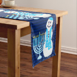 Hanukkah Jewish Snowman And Blue Menorah Holiday Long Table Runner<br><div class="desc">A dark blue striped background sets off thissnowman and Menorah for a custom one of a kind Hanukkah table runner. Personalise it now! Set the party table or feature the buffet sideboard for family dinner during the Festival Of Lights season. Matching items such as plates and napkins are available with...</div>