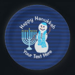 Hanukkah Jewish Snowman And Blue Menorah Party Paper Plate<br><div class="desc">This smiling Hanukkah snowman with his Star Of David scarf in bright blue is ready to bring the cheer to your Hanukkah party. Custom paper plates make clean up a breeze. Dark blue stripes and a blue Menorah set off your personalised text for a unique and festive party table. Be...</div>