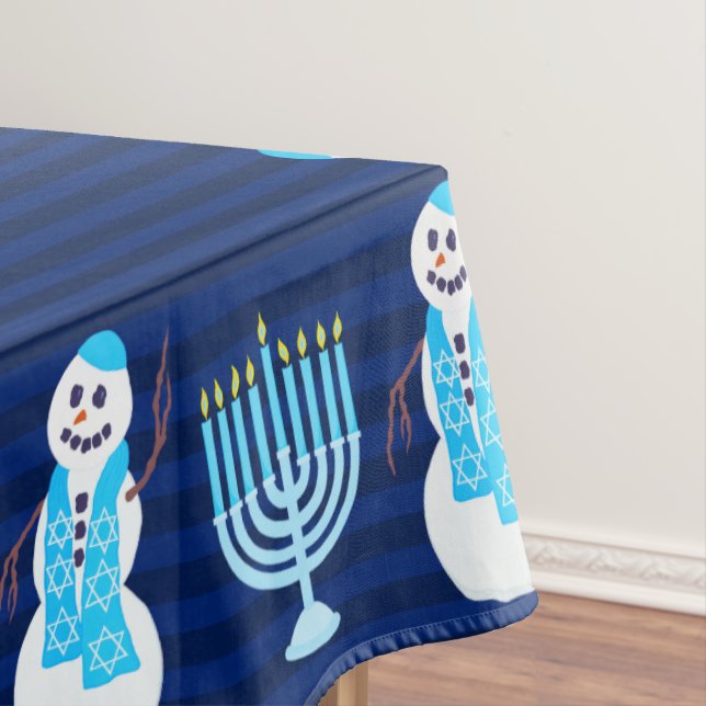 Hanukkah Jewish Snowman Blue Hanukiah Holiday Tablecloth (In Situ)