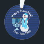 Hanukkah Jewish Snowman Blue Menorah Chrismukkah Ornament<br><div class="desc">Hang this personalised Hanukkah ornament from a window, the fireplace mantel or on the Chanukkah bush if you have one. Your custom white text pops on the navy blue stripes on one side, with no text and a larger version of the smiling snowman and light blue Hanukiah on the other....</div>