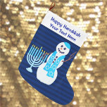 Hanukkah Jewish Snowman Blue Menorah For Kids Large Christmas Stocking<br><div class="desc">Just because you celebrate Chanukkah doesn't mean you can't hang a stocking. This cheeky snowman in his bright blue Star Of David scarf with his very own Menorah is an original design that makes the white and blue Hanukkah stocking even more unique. Personalise the Happy Hanukkah text with names or...</div>