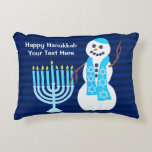 Hanukkah Jewish Snowman Blue Menorah Holiday Decorative Cushion<br><div class="desc">This adorable Hanukkah pillow will look great in the family room or displayed on the kid's beds. Small accent pillows make decorating for the holidays a breeze and make great personalised gifts too. The happy snowman and traditional Menorah symbol make a fun pattern on the backside while the front includes...</div>