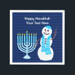 Hanukkah Jewish Snowman Blue Menorah Party Decor Napkin<br><div class="desc">It's not a party until the napkins match. These custom Happy Hanukkah cocktail napkins will impress your guests and keep rings off the table. The happy cartoon snowman in his bright blue scarf and matching Kippah standing next to the blue Hanukiah set off the white text on the dark blue...</div>