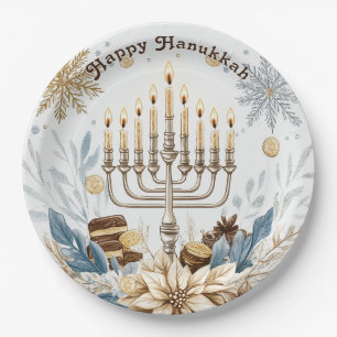 🕎 Hanukkah Joy, watercolor Festival of Lights Paper Plate