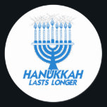 HANUKKAH LASTS LONGER CLASSIC ROUND STICKER<br><div class="desc">Holiday Humour, LGBTQ Designs and Funny Christmas Gifts From LGBTShirts.com Shop for Everyone at LGBTshirts.com - Browse over 10, 000 LGBTQ Gifts, Holiday Humour, Equality, Slang, & Culture Designs. The Most Unique Gay, Lesbian Bi, Trans, Queer, and Intersexed Apparel on the web. SHOP MORE LGBTQ Designs and Gifts at: http://www.LgbtShirts.com...</div>