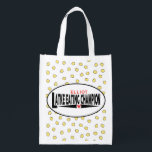Hanukkah Latke Champion Grocery Bag<br><div class="desc">Hanukkah Latke Eating Champion, white 2-sided bag. All design elements can be edited. All editable text can be deleted and replaced with your own message. Use your favourite font colour, size, and style. Happy Hanukkah/Chanukah! Style: Reusable Bag Go green and save the planet with our reusable grocery bag! Made with...</div>