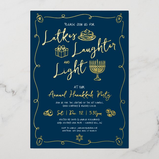Hanukkah Latke Laughter Light Doodles Real Gold Foil Holiday Card (Front)