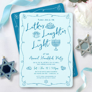 Hanukkah Latke Laughter Light Teal Doodles Party Invitation