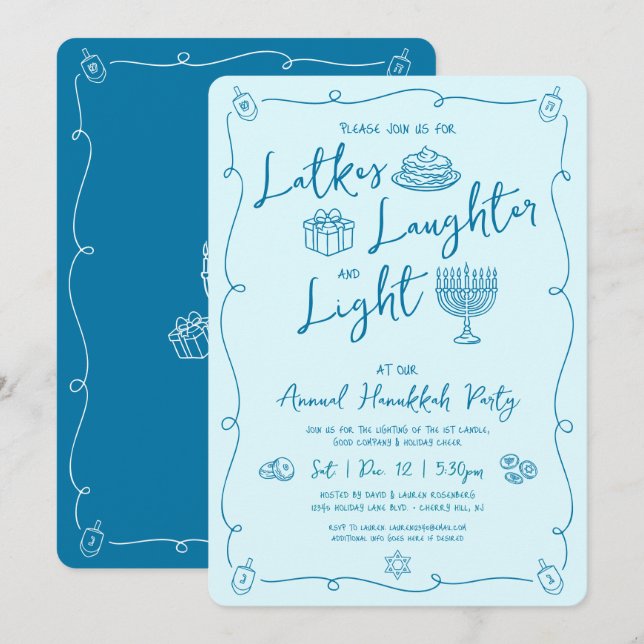 Hanukkah Latke Laughter Light Teal Doodles Playful Invitation (Front/Back)