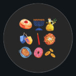 Hanukkah Latke Menorah Dreidel Donut Chanukah Jewi Classic Round Sticker<br><div class="desc">Hanukkah Latke Menorah Dreidel Donut Chanukah Jewish Holiday</div>