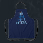 Hanukkah Latkes | Fun Typography Blue Apron<br><div class="desc">Celebrate Hanukkah with this fun "Love, Light, Latkes" apron, featuring playful typography and vibrant blues! It comes in three sizes suitable for adults, teens, and children. Each apron boasts a sublimated neck strap and an adjustable waist string for a perfect fit. Made of 100% polyester, it's also machine washable for...</div>