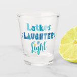 Hanukkah Latkes Laughter Light Bold Fun Typography Shot Glass<br><div class="desc">“Latkes, laughter & light.” Playful, whimsical handcrafted typography in dusty blue, turquoise and teal on a clean, white background helps you usher in Hanukkah. Feel the warmth of the holiday season whenever you relax with your favourite spirits with this stylish and modern custom holiday shot glass. Matching stickers, pillows, wrapping...</div>
