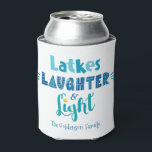 Hanukkah Latkes Laughter Light Fun Bold Typography Can Cooler<br><div class="desc">“Latkes, laughter & light.” Playful, whimsical handcrafted typography in dusty blue, turquoise and teal on a clean, white background, along with your name or custom greeting, help you usher in Hanukkah. Feel the warmth of the holiday season whenever you relax with your favourite beverage with this stylish and modern Hanukkah...</div>