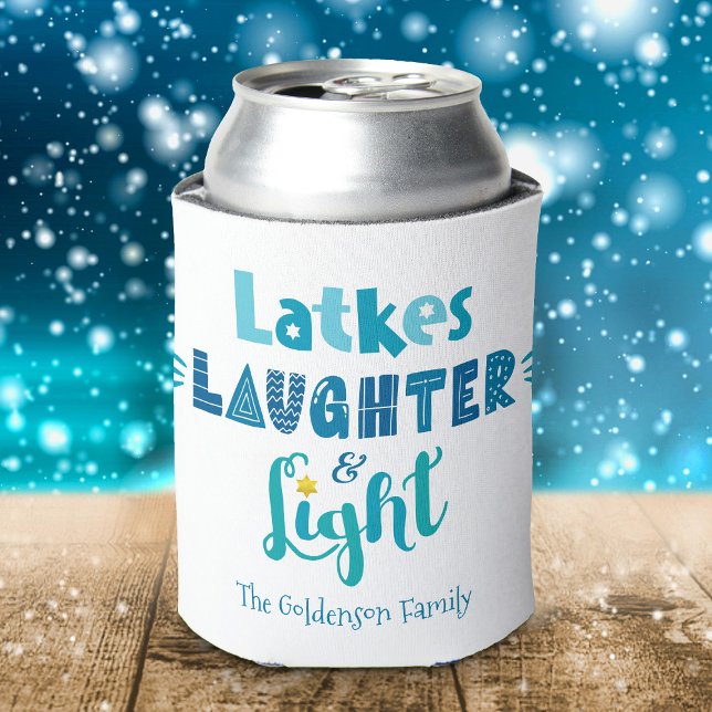 Hanukkah Latkes Laughter Light Fun Bold Typography Can Cooler (Creator Uploaded)
