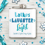 Hanukkah Latkes Laughter Light Funny Custom Name Hip Flask<br><div class="desc">“Latkes, laughter & light.” Playful, whimsical handcrafted typography in dusty blue, turquoise and teal on a clean, white background, along with your name and funny saying, help you usher in Hanukkah. Feel the warmth of the holiday season whenever you use this stylish and modern custom holiday flask. Personalise with your...</div>