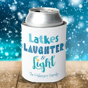 Hanukkah Latkes Laughter Light Modern Typography Can Cooler
