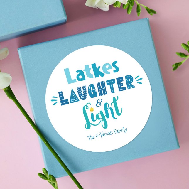 Hanukkah Latkes Laughter Light Modern Typography Classic Round Sticker (Creator Uploaded)