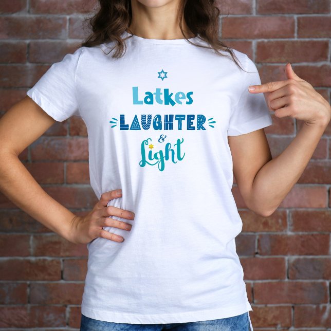 Hanukkah Latkes Laughter Light Modern Typography T-Shirt (Creator Uploaded)