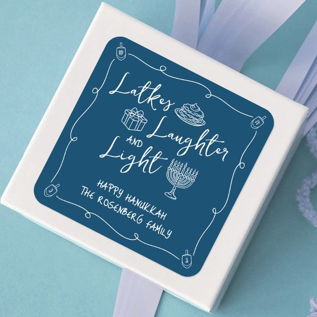 Hanukkah Latkes Laughter Light Navy Hand Drawn Fun Square Sticker (Creator Uploaded)
