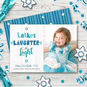 Hanukkah Latkes Laughter Light Photo Rustic Wood Holiday Card