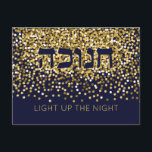 Hanukkah Light up The Night Gold Glitter  Holiday Postcard<br><div class="desc">This elegant Hanukkah Post Card will light up the Nights this Chanukah and make Friends & Family smile with. Gold glitter on navy background is the perfect backdrop for this festive Hanukkah message. Includes the Hebrew word "CHANUKAH" . Make this card your own with your personal message.. Need help with...</div>