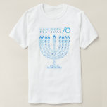 Hanukkah Lights Festival Anniversary 70 T-Shirt<br><div class="desc">Happy Hanukkah Festival of Lights Anniversary 70th Celebration concept design for Clothing & Shoes, Men, Clothing, Tops & T-Shirts, Men's T-Shirts. Trendy design Israeli flag blue colour, traditional Chanukah symbols - wooden dreidels (spinning top), doughnuts, Hanukkiah - menorah, candles, Blue star of David, Israeli flag blue colour, and glowing lights...</div>