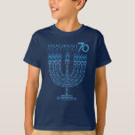 Hanukkah Lights Festival Anniversary 70 T-Shirt<br><div class="desc">Happy Hanukkah Festival of Lights Anniversary 70th Celebration concept design for Clothing & Shoes > Kids > Boys > Clothing > Tops & T-Shirts > Boys' T-Shirts . Trendy design Israeli flag blue colour, traditional Chanukah symbols - wooden dreidels (spinning top), doughnuts, Hanukkiah - menorah, candles, Blue star of David,...</div>
