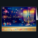 Hanukkah Lights Festival Holiday Menorah<br><div class="desc">Happy Hanukkah Beautiful Jewish Holiday Festival of Lights Greeting Card. Jewish Holiday Hanukkah background with traditional Chanukah symbols - gold hanukkiah wooden dreidels (spinning top), doughnuts, menorah, candles, star of David and bokeh glowing lights, sparkles wallpaper pattern. Hanukkah Festival Decoration. Jerusalem, Israel. Invitations & Stationery > Greeting Cards > Holiday...</div>