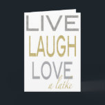 Hanukkah "Live Laugh Love a latke" Glitzy Card<br><div class="desc">Hanukkah "Live, Laugh, Love a Latke" Gold/Silver Greeting Card with White Envelope. Personalise by deleting "Happy Chanukah" and add your own wording by choosing your favourite font style, colour and size. Thanks for stopping and shopping by. Much appreciated!!! Happy Hanukkah/Chanukah! Dimensions: 5" x 7" (portrait) or 7" x 5" (landscape)...</div>