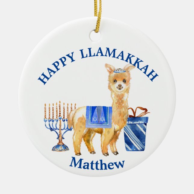 Hanukkah LLama Happy Llamakkah funny Ceramic Tree Decoration (Front)