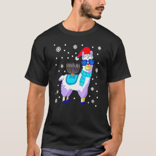 Hanukkah Llama Menorah Alpaca Santa Hat Christmas T-Shirt