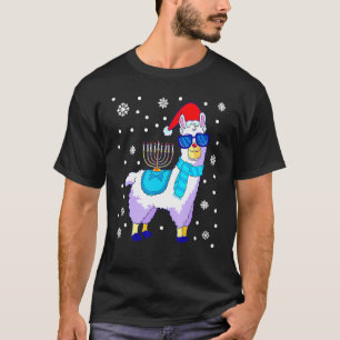 Hanukkah Llama Menorah Alpaca Santa Hat Christmas  T-Shirt