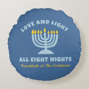 Hanukkah "Love and Light" Personalised Jewish Blue Round Cushion