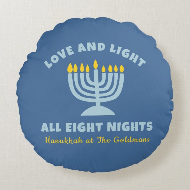 Hanukkah "Love and Light" Personalised Jewish Blue Round Cushion (Front)