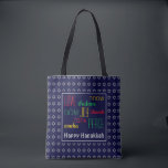 HANUKKAH Love Joy Peace BLUE Hebrew Tote Bag<br><div class="desc">Colourful festive TOTE BAG with faux silver Star of David in subtle background pattern. LOVE JOY PEACE including Hebrew translations are colour-coded in red,  yellow and green. Text is customisable in case you wish to change anything. HAPPY HANUKKAH is also customisable. Part of the HANUKKAH Collection</div>