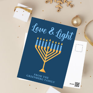 Hanukkah Love & Light Custom Blue Gold Menorah Postcard